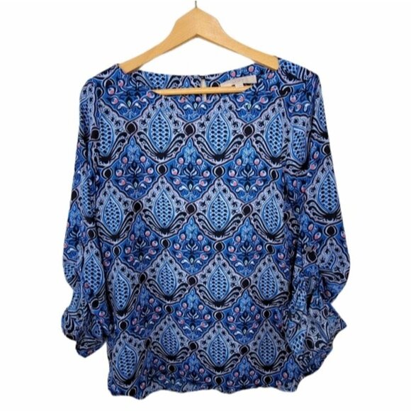 LOFT | Blue Pink Print Blouse Womens Small Keyhole Back Office - Picture 1 of 6